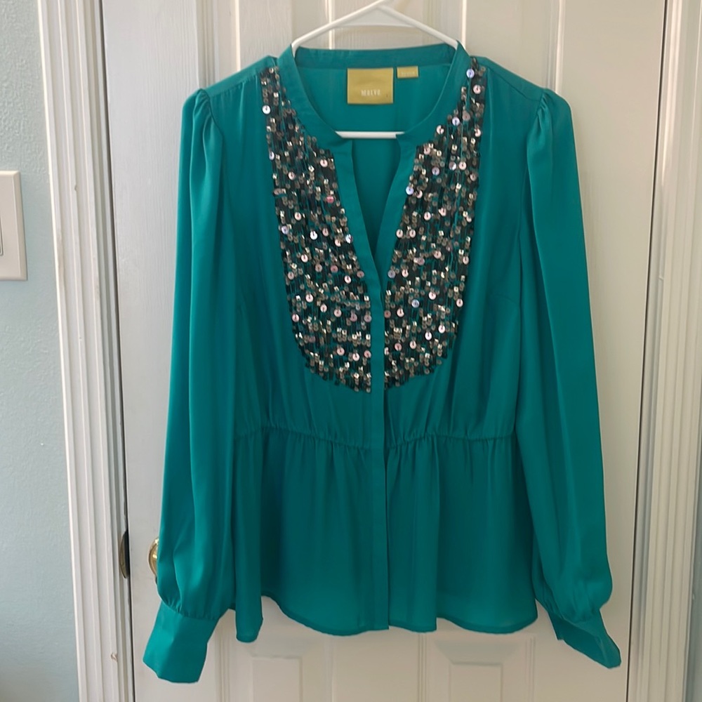 Maeve Anthropologie Teal sequin blouse